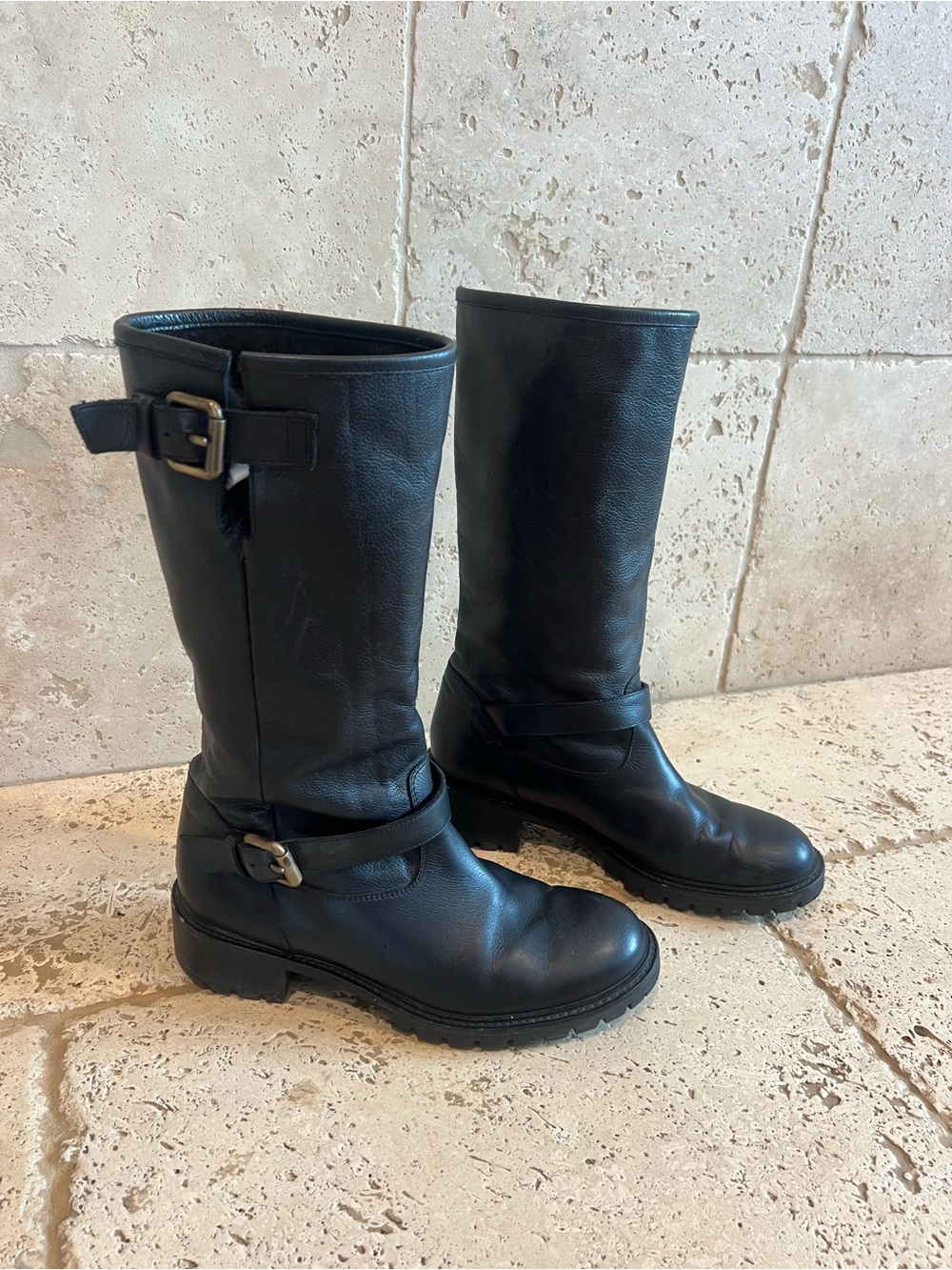 Vintage Fendi Black Leather Mid-Calf Lace-Up Biker Buckle Boots